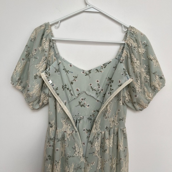 Cottagecore Whimsy Green Forest Fairy Lace Puff Sleeve Romantic Flowy Maxi Dress - Picture 5 of 7